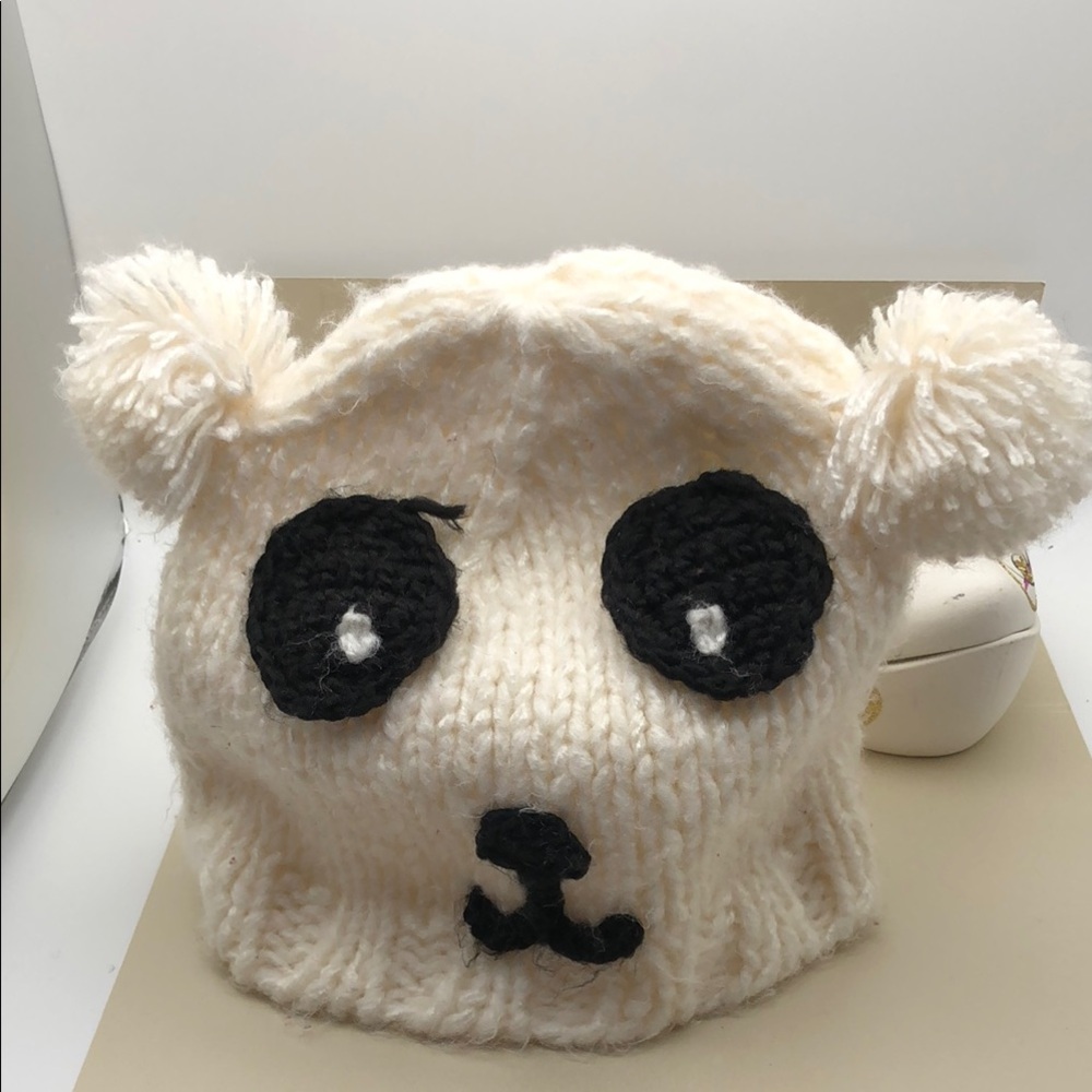 Cream Knit Panda Beanie Hat  - Cute Ear Pom-Poms Excellent Condition